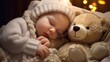 © Iarte - A baby in a white knitted hat sleeps peacefully with a teddy bear in a warm, cozy setting. The baby's soft features are visible, and the teddy bear is a comforting presence.