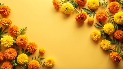 Wall Mural - Marigold flowers on pastel yellow background.