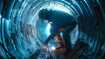 Wall Mural - Welding inside pipes. A welder works with a welding machine inside a pipe.