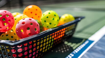 Wall Mural - Basket of Pickleball balls on court