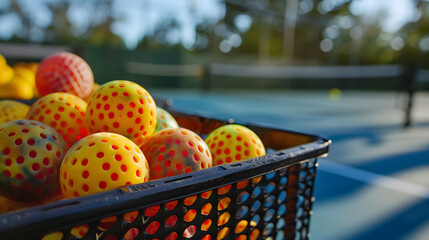 Wall Mural - Basket of Pickleball balls on court