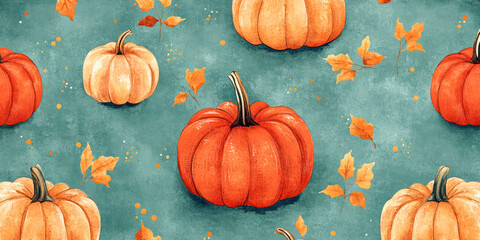 Wall Mural - Autumn-themed seamless pattern featuring orange and cream pumpkins with scattered fall leaves on a textured teal background.