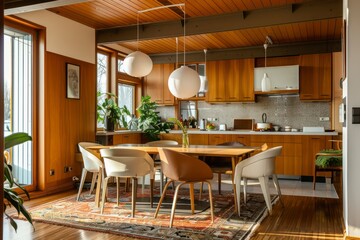 A stylish kitchen interior featuring a wooden table, chairs, and elegant design elements, showcasing home furniture and dining arrangements in a contemporary setting.