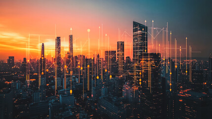 Smart digital city with connection network that is at the cutting edge of innovation in technology and business with bright, modern skyscrapers. Backgrounds for technology and charts and graphs