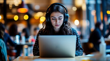 Wall Mural - A girl wearing headphones is working on her laptop in a cafe. 