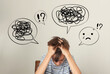 © Praewphan - Teenager issue, Confused messed up thoughts bubble line art icon set. Sad depressed mental state before therapy, brain overthinking in teenager concept.