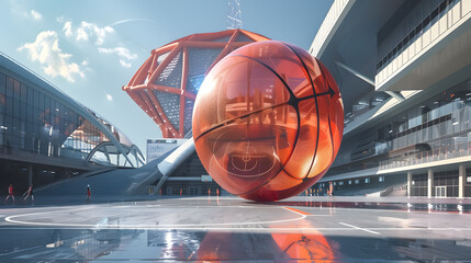 Basketball ball in front of a modern basketball arena: A basketball rests in front of a large