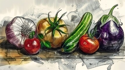 different vegetables table artistic sketch eggplant ultra fine slavic features color marketplace artisan