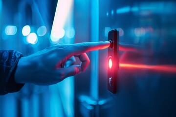 Poster - A person is standing in front of a door, pressing a red button for secure authentication, Illustrate the idea of secure authentication and access control