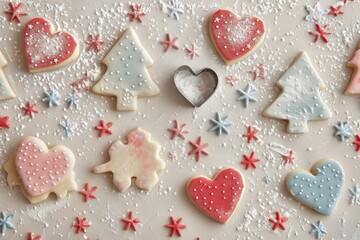 Wall Mural - Colorful Iced Cookies in Heart and Tree Shapes on a Dusting of Powdered Sugar