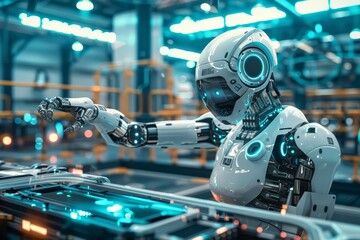 Wall Mural - A robot is actively engaged in tasks on the factory floor, contributing to the automation process, Illustrate the impact of automation on the workforce in a futuristic setting