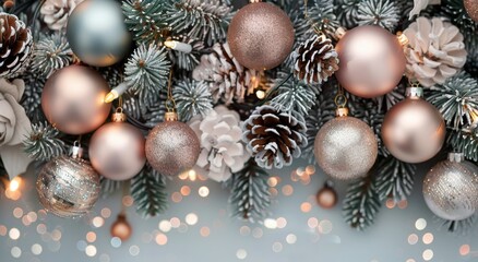 Wall Mural - Christmas Ornaments and Pinecones on a Festive Table With Soft Bokeh Lights