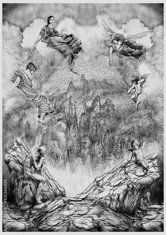 Samsara/Reincarnation” depicts celestial figures above a rocky ...