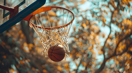 Wall Mural - Basketball game ball in hoop: A basketball in the hoop during a game.