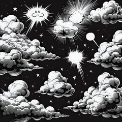 Wall Mural - a black and white drawing of a starry sky with clouds and a sun. the clouds are drawn in a way that 