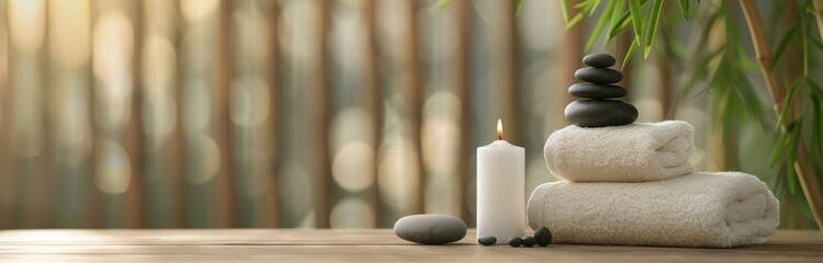 Wall Mural - Relaxing Spa Setup With Candles and Stones Beside Soft Towels in a Calm Environment