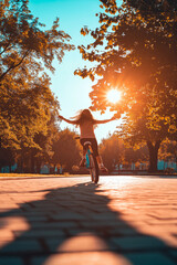 A young girl joyfully riding a bicycle through a park during sunset, with outstretched arms, capturing the essence of freedom and carefree childhood.