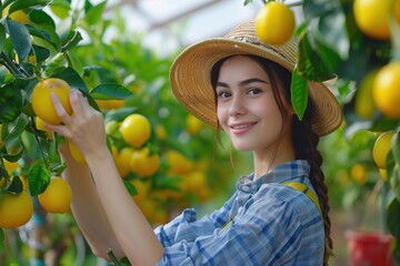 Wall Mural - Beautiful young woman taking care of the lemon tree in greenhouse