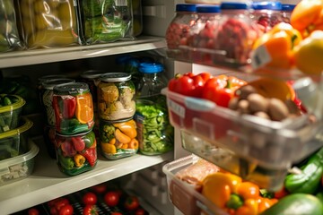 Sticker - Refrigerator stocked with fresh fruits and vegetables, promoting healthy eating choices, Illustrating the potential risks of consuming expired or improperly stored food