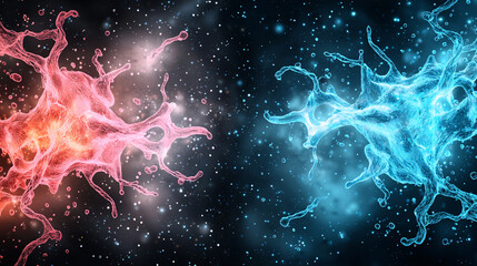 Wall Mural - two neurons are shown in a blue and red color. the blue neuron is on the left and the red neuron is 