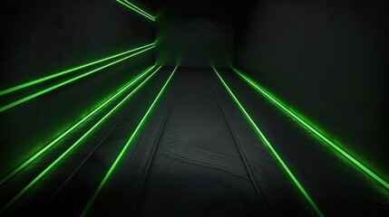 Sleek green neon lines on dark backdrop, green neon glowing stripes on black luxury smooth shiny metal background. 