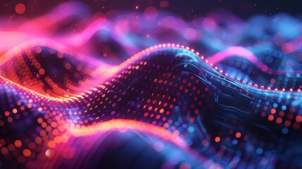 Digital Wave Intersections: Intersections of digital waves visualized abstractly, using binary patterns and neon colors to suggest tech fluidity.