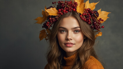 Beautiful young woman, autumn leaves in her hair