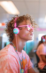 Poster - Focused Athletic Student with Tan Skin Working on a Computer in Bright School Lab, Daytime, Casual Colorful Attire, Intense Studying