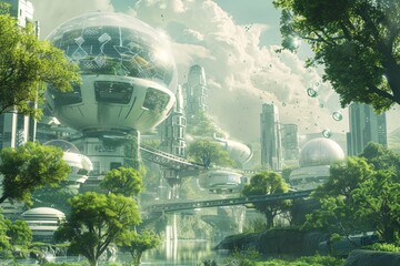 Wall Mural - A futuristic cityscape featuring tall buildings, green trees, and a flowing river, Imagine a futuristic version of the campus with advanced technology