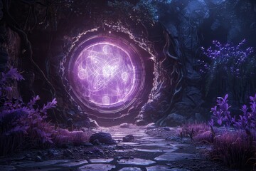 A purple door stands in the midst of a dense forest, Imagine a mystical portal surrounded by piercing symbols