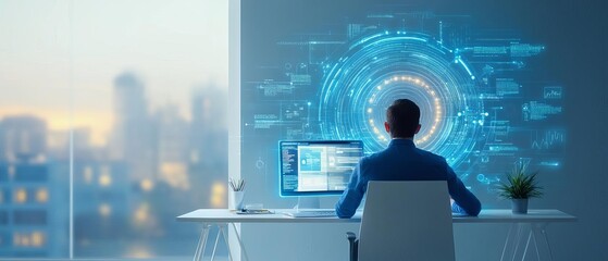 A software developer working on a new application interface in a minimalist workspace with panoramic city views