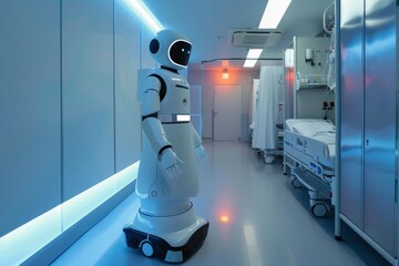 Poster - A robot is seen walking down a hospital hallway, Imagine a room with automated robotic assistants to help medical staff with routine tasks