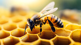 Primer plano de abeja en panal