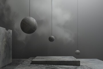 Wall Mural - Black and white room with numerous balls hanging from the ceiling creating a surreal atmosphere, Imagine a surreal scene with floating objects in a grey void