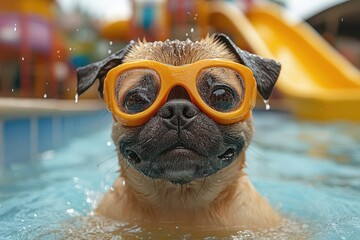 playful pug splashing in vibrant water park wearing tiny goggles colorful slides and fountains surround creating a joyful summer scene