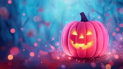 Wall Mural - Brightly lit pink pumpkin with a cheerful face, surrounded by glowing bokeh lights, perfect for Halloween celebrations.