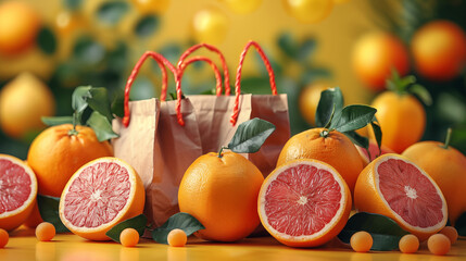 Wall Mural - Fresh grapefruit halves displayed with promotional shopping bags. Vibrant citrus fruits promote healthy lifestyle and eco-friendly shopping. Concept of nutrition, marketing, and sustainability.