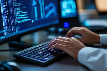 Wall Mural - A person is focused on typing quickly on a sleek keyboard while multiple computer screens display lines of code and data analytics in a dimly lit workspace