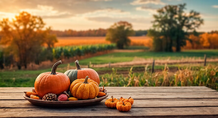 Wall Mural - Autumn harvest of pumpkins on a wooden table against the backdrop of a field at sunset