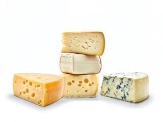 A varied selection of gourmet cheeses beautifully arranged on a clean white background