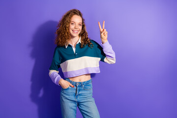 Wall Mural - Portrait of pretty lovely young girl show v-sign empty space isolated on purple color background