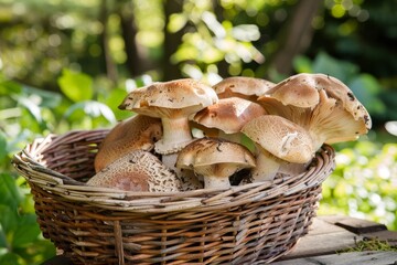 Wall Mural - Fresh mushrooms placed in a wicker basket on a wooden table, Incorporate elements from nature that are commonly associated with porcini cep mushrooms