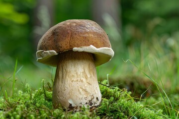 Wall Mural - A mushroom perched on lush green moss in a forest setting, Incorporate elements from nature that are commonly associated with porcini cep mushrooms