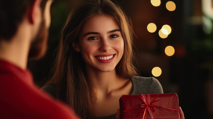 a guy gives a gift to a girl. a man gives a gift to a woman. a gift for the holidays. A day of pleasant surprises.