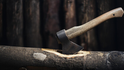 Old axe embedded in log for chopping wood. Working tool.