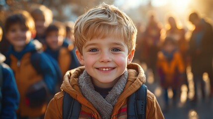 Blonde boy in jacket smiling among friends in sunlight