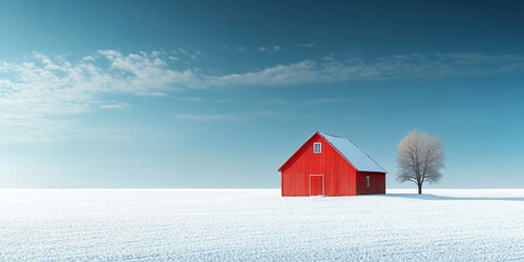 Panorama landscape a barn house. Minimal perspective landscape