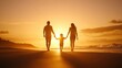 © BoOm - A warm sunset silhouette of a family walking hand in hand on the beach, symbolizing love and togetherness.