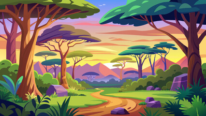 Wall Mural -  African beautiful forest with mountains in the background vector arts illustration