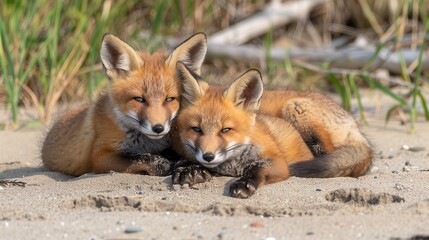 Foxes. Cute Baby Red Fox Family Cuddling on the Beach in Nova Scotia